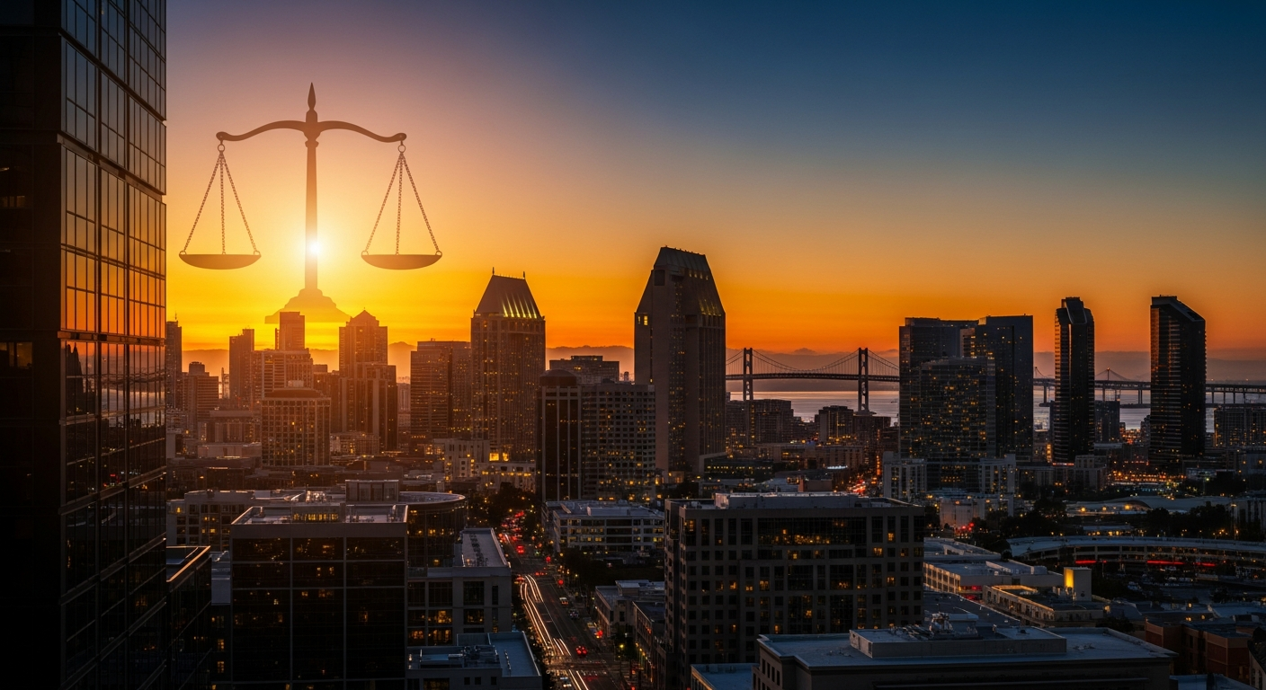 San Diego skyline with scales of justice